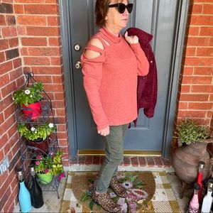 Rust Waffle Knit Round Choker Neck Cut Out Shoulder Long Sleeve Top S M L NWT